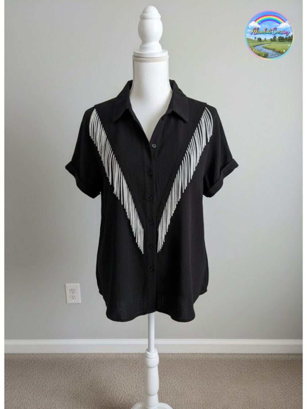 Rhinestone Fringe Western Button Down Shirt Rolled Cuffed Short Sleeve